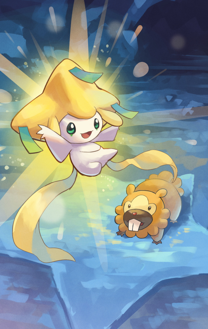 :d beaver bidoof brown_fur colored_skin commentary_request facial_mark floating gen_3_pokemon gen_4_pokemon glowing green_eyes highres jirachi legendary_pokemon mythical_pokemon nintendo no_humans open_mouth pokemon pokemon_(creature) pokemon_mystery_dungeon pokemon_mystery_dungeon:_explorers_of_time/darkness/sky smile tanzaku teeth white_skin yamaori_(hakkentai_pokedan)