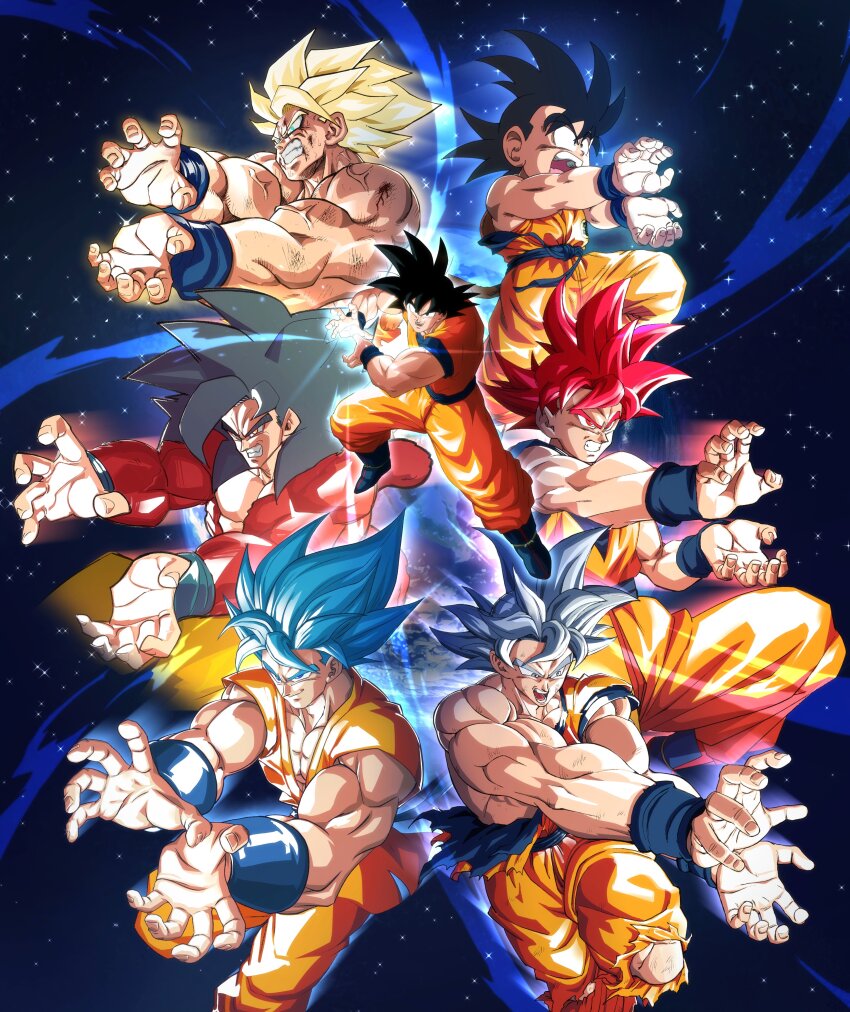 6+boys absurdres artist_collaboration black_eyes black_hair blonde_hair blue_boots blue_eyes blue_hair boots clenched_teeth commentary dougi dragon_ball dragon_ball_(classic) dragon_ball_gt dragon_ball_super dragonball_z eegiiartto green_eyes grey_eyes grey_hair gusceps highres kamehameha_(dragon_ball) kyrkis male_focus multiple_boys multiple_persona muscular muscular_male nachairo open_mouth red_eyes red_fur red_hair reksarts smile son_goku srojam super_saiyan super_saiyan_1 super_saiyan_4 super_saiyan_blue super_saiyan_god teeth torn_clothes ultra_instinct wristband zenzosp