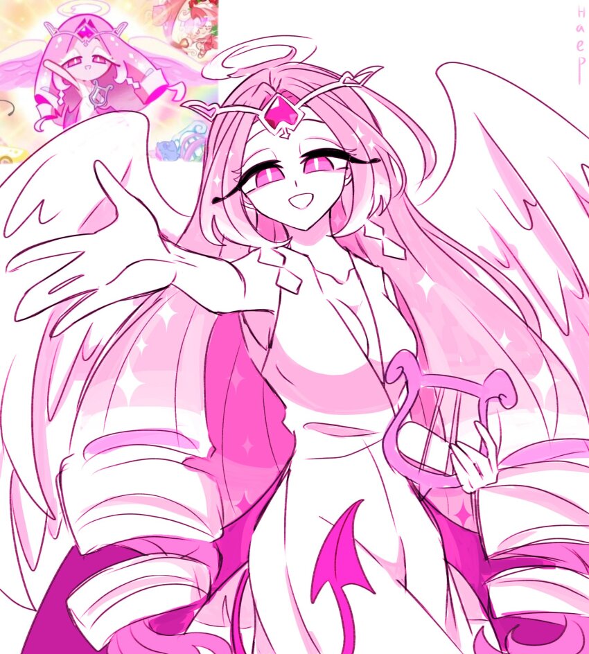 1girl angel angel_wings colored_skin cookie_run cookie_run:_kingdom dress eternal_sugar_cookie haep0510 highres holding holding_instrument holding_lyre humanization instrument long_hair looking_at_viewer lyre pink_eyes pink_hair pink_skin smile solo very_long_hair white_dress wings