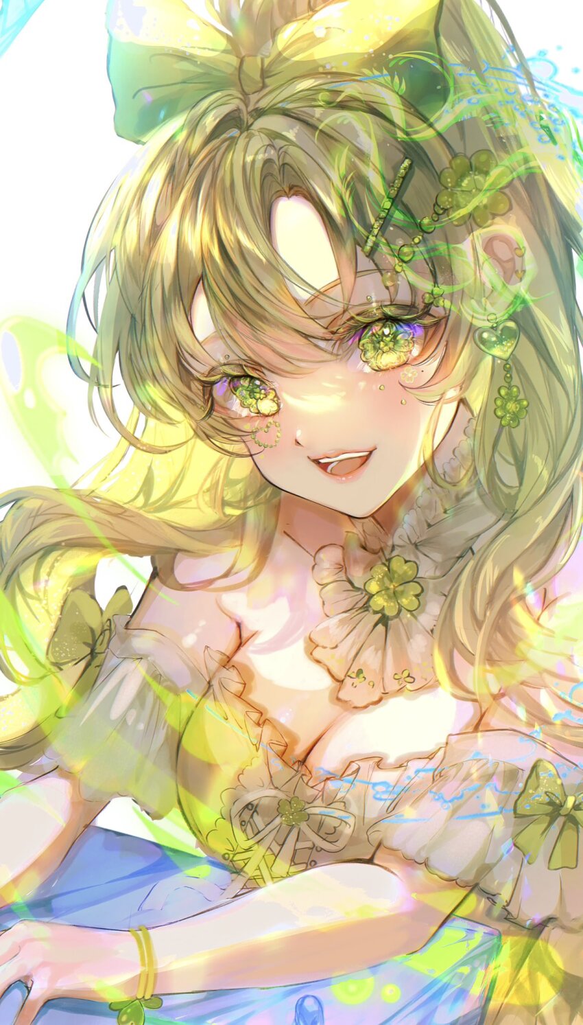 1girl arms_on_table blonde_hair bow breasts cleavage clover clover-shaped_pupils clover_hair_ornament collar cross-laced_clothes cross-laced_dress divine_being dress earrings facial_tattoo four-leaf_clover four-leaf_clover_hair_ornament frilled_collar frilled_dress frills green_bow green_eyes green_theme hair_bow hair_ornament hairclip heart heart_earrings high_ponytail highres jewelry long_hair looking_at_viewer magic mira_hidume off-shoulder_dress off_shoulder original ponytail ribbon smile solo symbol-shaped_pupils tablecloth tattoo white_collar white_dress white_ribbon wristband
