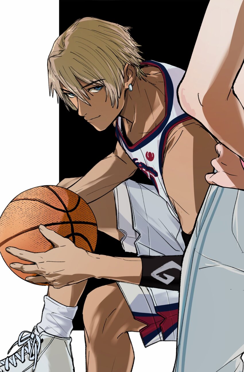 1girl ace_attorney aged_down alternate_costume amikoiiko ankle_socks apollo_justice:_ace_attorney ball basketball_(object) basketball_jersey basketball_shorts basketball_uniform black_background black_sleeves blonde_hair blue_eyes blue_trim calves closed_mouth collarbone cross-laced_shoes dark-skinned_male dark_skin deltoids earrings elbow_sleeve ema_skye fingernails foot_out_of_frame from_behind hand_on_own_hip high_tops highres holding holding_ball initial jewelry klavier_gavin light_smile male_focus mismatched_eyebrows pants pocket red_trim shirt shoes short_hair shorts simple_background single_earring single_sleeve sitting sleeveless sleeveless_shirt sneakers socks sportswear sternocleidomastoid_muscle track_pants two-tone_background white_background white_jersey white_pants white_shoes white_shorts