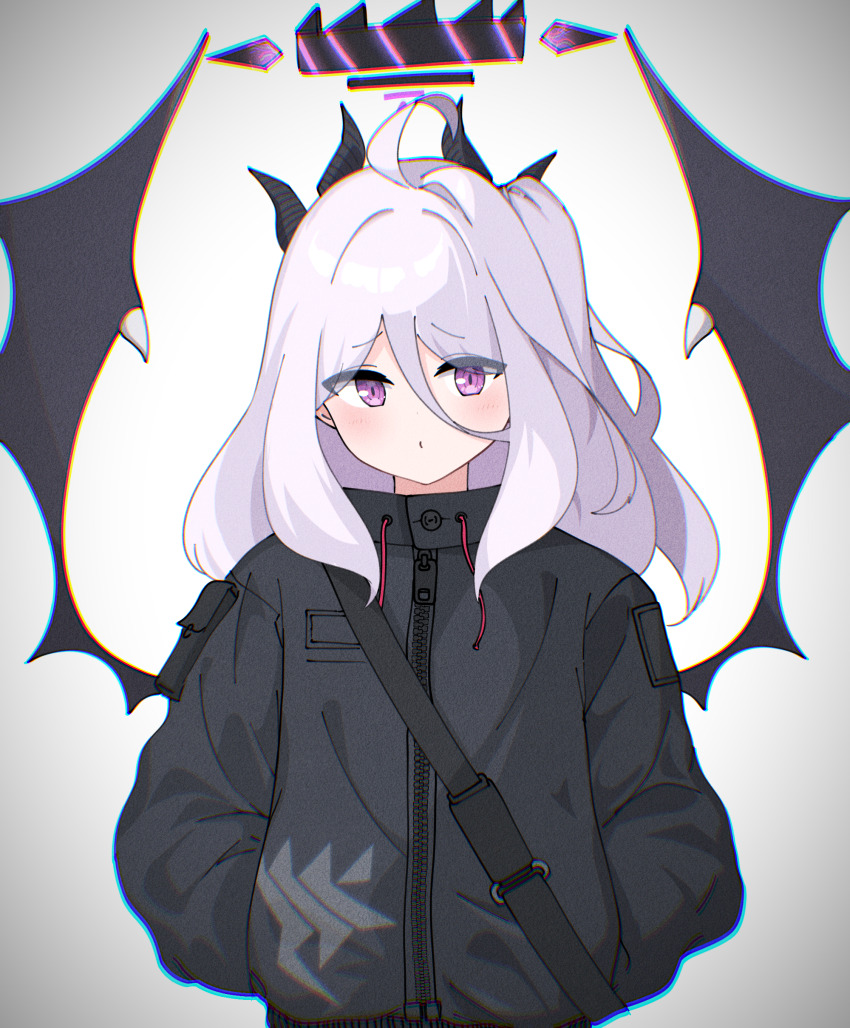 1girl absurdres ahoge black_jacket blue_archive commentary_request demon_girl demon_horns demon_wings hair_between_eyes halo hands_in_pockets highres hina_(blue_archive) horns hrna jacket long_sleeves looking_at_viewer medium_hair purple_eyes short_hair solo wavy_hair white_background white_hair wings