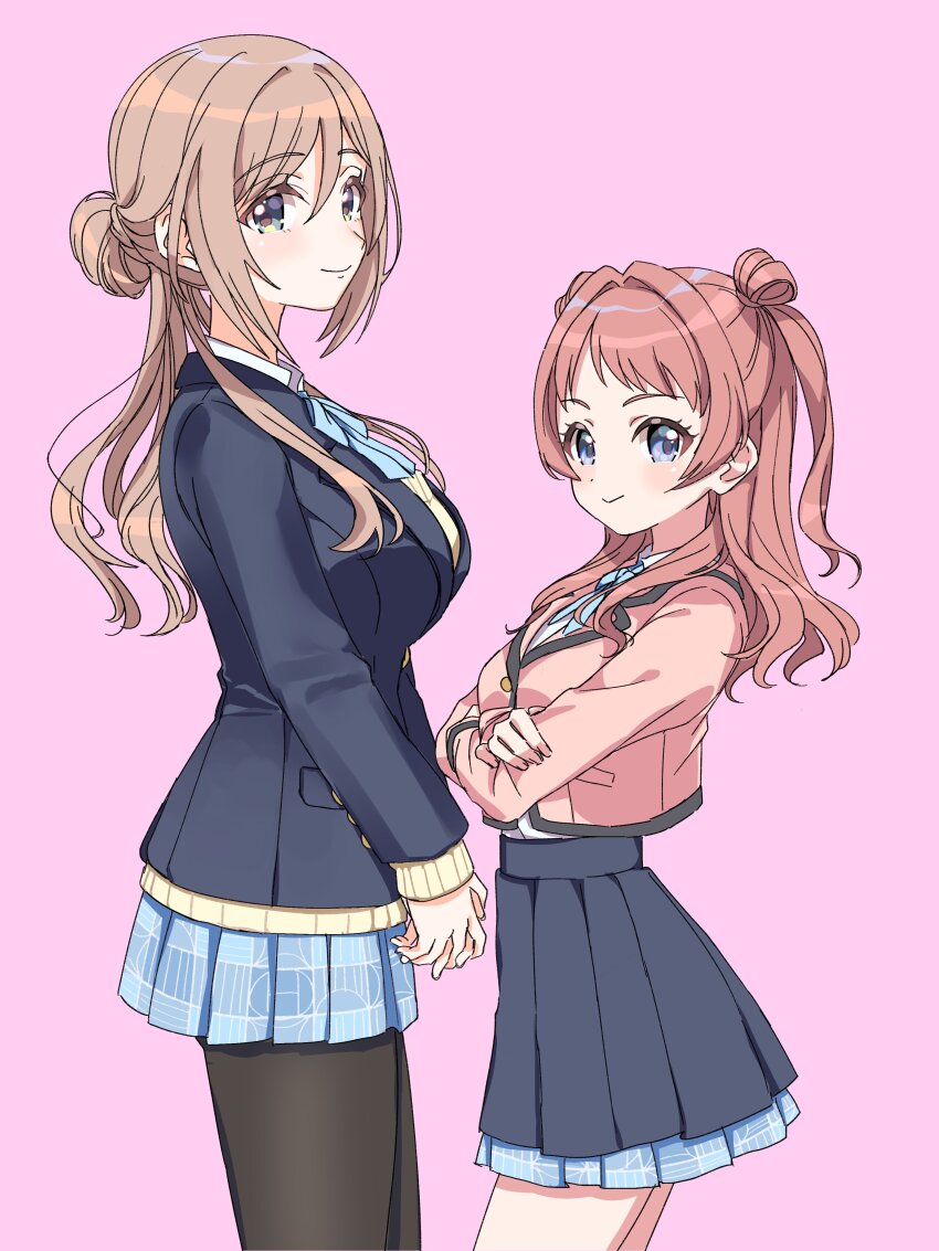 2girls absurdres black_overskirt black_pantyhose blazer blue_eyes blue_ribbon blue_skirt brown_hair commentary_request gakuen_idolmaster hair_bun hanami_saki hatsuboshi_gakuen_school_uniform height_difference highres himesaki_rinami idolmaster jacket kanipoposu long_hair long_sleeves looking_at_viewer miniskirt multiple_girls neck_ribbon pantyhose pink_background pink_jacket ribbon school_uniform skirt sweater sweater_under_jacket two_side_up yellow_sweater