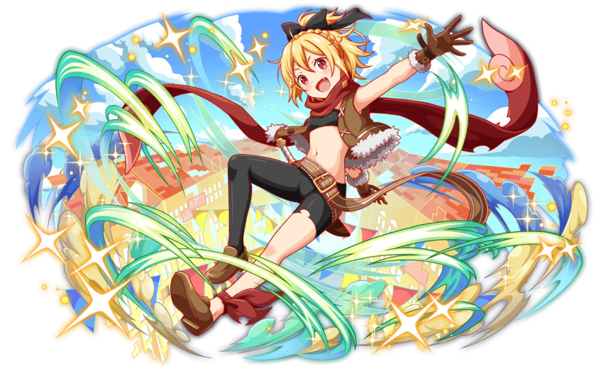 1girl ahoge anime_coloring ankle_ribbon ankle_wrap artist_request asymmetrical_legwear bandeau bare_arms bare_shoulders belt belt_buckle black_bandeau black_bow black_pants blonde_hair blue_sky blush bow braid breasts brown_belt brown_gloves brown_shoes brown_vest buckle cloud combat_knife crash_fever crown_braid fang felt_(re:zero) flat_chest full_body fur-trimmed_gloves fur-trimmed_vest fur_trim game_cg gloves gold_buckle hair_between_eyes hair_bow half_updo high_ponytail knife knife_sheath large_belt leg_ribbon loafers looking_at_viewer loose_belt lowleg lowleg_pants midriff narrow_waist navel number_print numbered official_art official_style open_clothes open_mouth open_vest outdoors outline pants parted_bangs ponytail re:zero_kara_hajimeru_isekai_seikatsu red_eyes red_outline red_ribbon red_scarf ribbon scarf sheath sheathed shoe_soles shoes short_hair skinny sky sleeveless small_breasts solo sparkle square square_print tachi-e third-party_source tight_clothes tight_pants tongue torn_clothes torn_pants torn_ribbon torn_scarf town transparent_background uneven_legwear upper_body very_short_hair vest weapon wide_hips