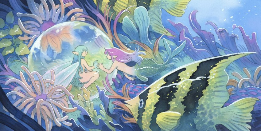 2girls bare_shoulders blue_hair bubble coral_reef fairy fairy_wings fish gradient_hair green_eyes green_hair green_tail heikala highres in_bubble kneeless_mermaid kneeling mermaid monster_girl multicolored_hair multiple_girls nude original painting_(medium) pointy_ears purple_hair reaching reaching_towards_another sea_anemone traditional_media transparent_wings tropical_fish underwater watercolor_(medium) wide_shot wings