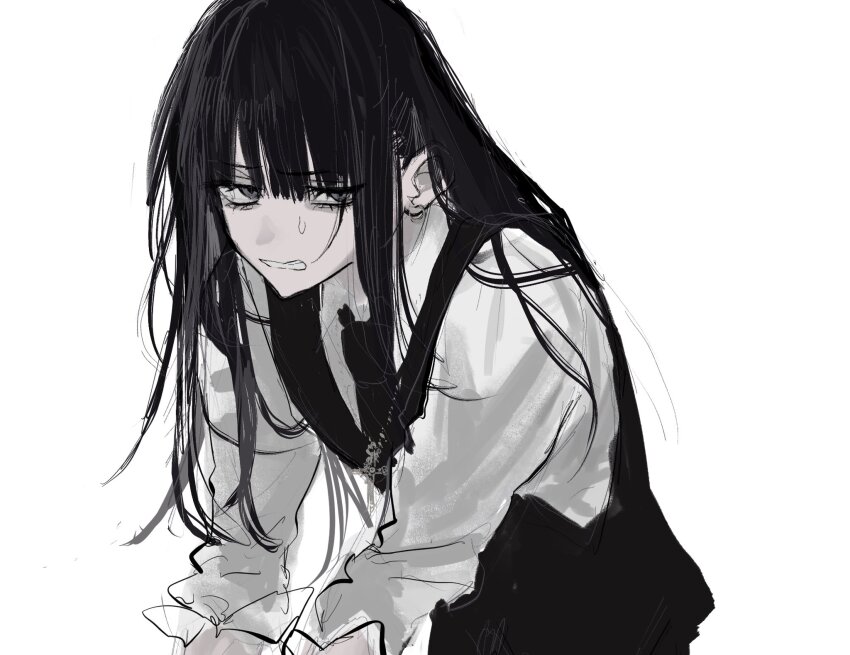 1girl akai_ringo_(eveyuno) black_hair black_necktie clenched_teeth grey_eyes highres jewelry long_hair necklace necktie original simple_background solo teeth vest white_background