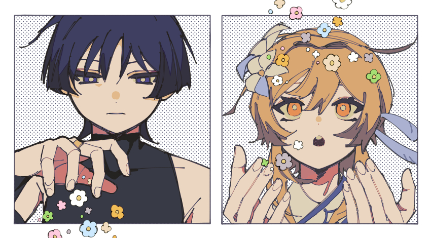 1boy 1girl awestruck bare_shoulders black_bodysuit black_eyes black_hair blonde_hair blue_flower blue_trim blunt_ends bodysuit border bright_pupils closed_mouth covered_collarbone curled_fingers dilated_pupils expressionless eyelashes eyeliner eyeshadow facing_viewer fingernails flower genshin_impact gold_ring green_flower hair_between_eyes hair_flower hair_ornament highres looking_down looking_up loose_hair_strand lumine_(genshin_impact) makeup middle_ring multicolored_flower open_hand open_hands open_mouth pink_flower portrait red_eyeliner red_eyeshadow sanpaku scaramouche_(genshin_impact) scarf short_hair_with_long_locks sidelocks teeth turtleneck turtleneck_bodysuit upper_teeth_only user_twpv3344 wanderer_(genshin_impact) white_border white_flower white_pupils white_scarf yellow_eyes yellow_flower