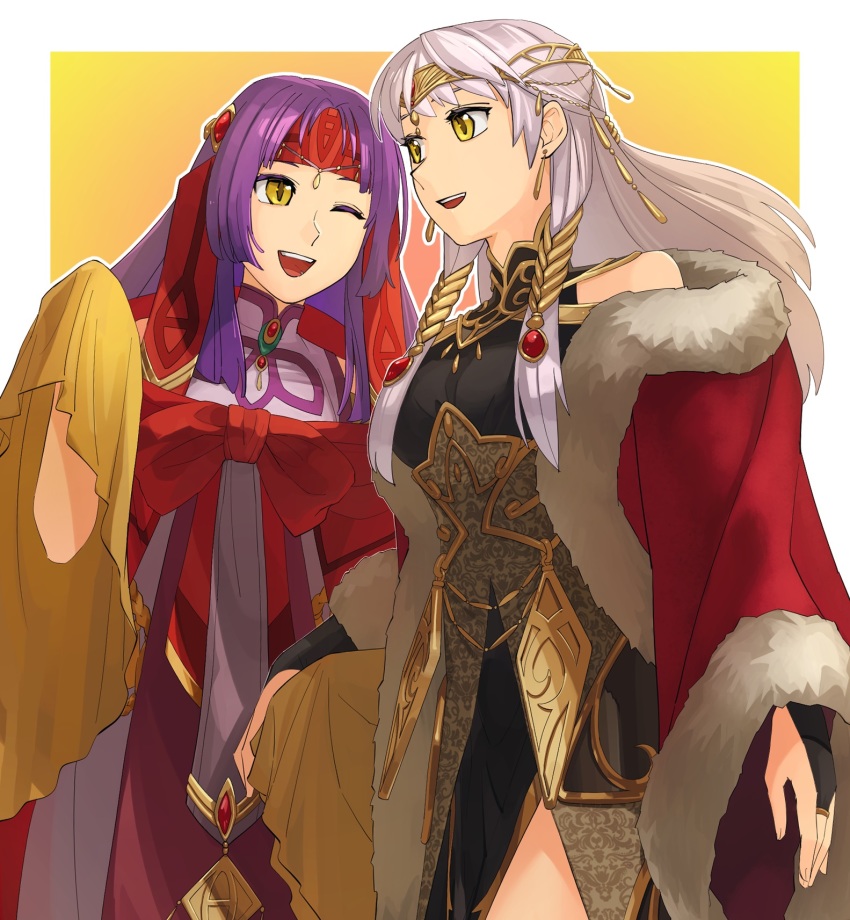 2girls :d ;d asagi_(banzoku210) bangle black_dress black_gloves bracelet bridal_gauntlets circlet coat dress fire_emblem fire_emblem:_radiant_dawn fire_emblem_cipher gloves half_updo headband highres hime_cut jewelry long_hair long_sleeves micaiah_(fire_emblem) micaiah_(radiant_queen)_(fire_emblem) multiple_girls nintendo official_alternate_costume one_eye_closed open_mouth purple_hair red_coat sanaki_kirsch_altina siblings side_slit silver_hair simple_background sisters sleeveless sleeveless_dress smile teeth turtleneck turtleneck_dress yellow_background yellow_eyes