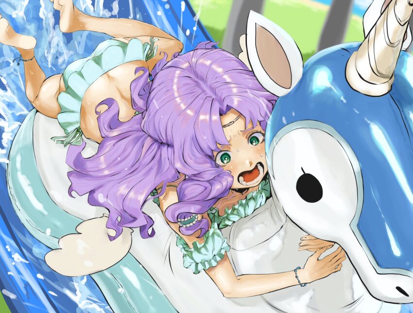 1girl alternate_costume ass barefoot bikini butt_crack circlet fire_emblem fire_emblem:_the_blazing_blade florina_(fire_emblem) frilled_bikini frills green_eyes highres inflatable_toy inflatable_unicorn long_hair lying nintendo on_stomach open_mouth purple_hair screaming solo sutekina_yari swimsuit water_slide
