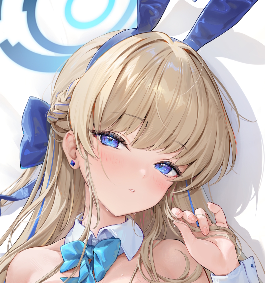 1girl animal_ears bare_shoulders blonde_hair blue_archive blue_eyes blue_hair blue_halo detached_collar hair_between_eyes half-closed_eyes halo hand_up highres houkisei long_hair multicolored_hair rabbit_ears solo streaked_hair toki_(blue_archive) toki_(bunny)_(blue_archive) two-tone_hair upper_body