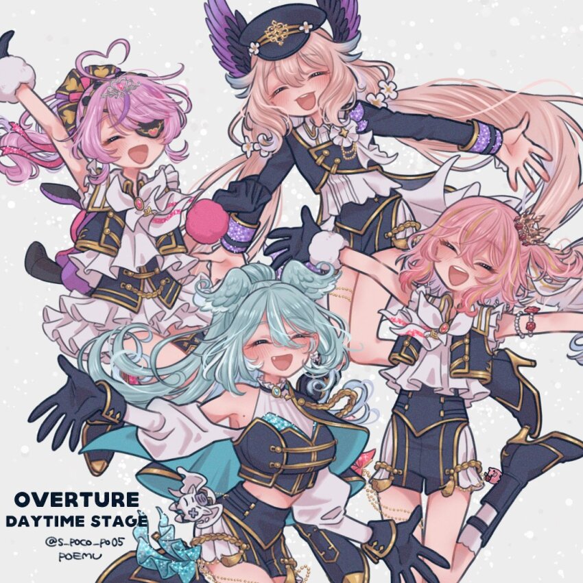 4girls :d ahoge arms_up artist_name blonde_hair blue_hair blush breasts closed_eyes crown elira_pendora enna_alouette fang flower hair_between_eyes hair_flower hair_ornament hat head_wings heart heart_ahoge high_ponytail jumping long_hair low_twintails maria_marionette medium_breasts medium_hair midriff mini_crown mole mole_on_armpit multicolored_hair multiple_girls nijisanji nijisanji_en nijisanji_idol_uniform open_mouth peaked_cap pink_hair ponytail rosemi_lovelock s_poco_po05 side_ponytail smile streaked_hair tiara twintails twitter_username very_long_hair virtual_youtuber wings