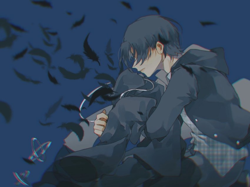 1boy black_feathers black_hair black_jacket black_shirt brown_eyes cyuer11 death feathered_wings feathers hand_on_ground highres hug igarashi_daiji jacket jewelry kagerou_(kamen_rider_revice) kamen_rider kamen_rider_revice male_focus necklace pants shirt spoilers transformation white_shirt wings