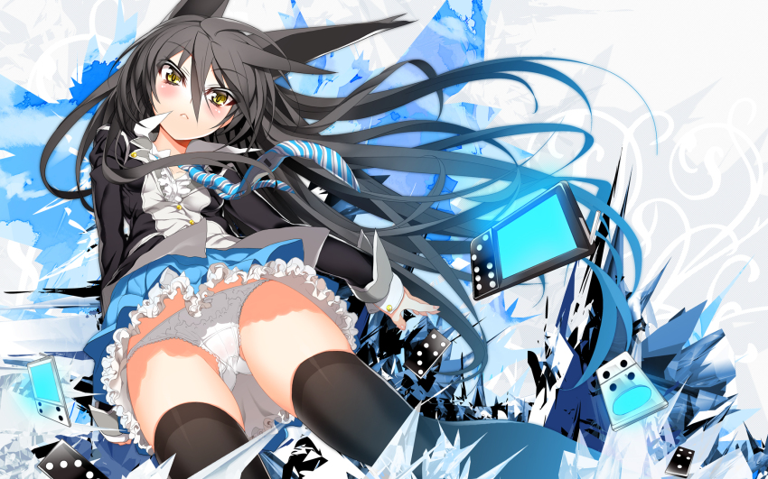 1girl :&lt; animal_ears black_hair black_thighhighs cat_ears char female_focus from_below highres long_hair necktie necro-san original panties skirt solo thighhighs underwear white_panties yellow_eyes