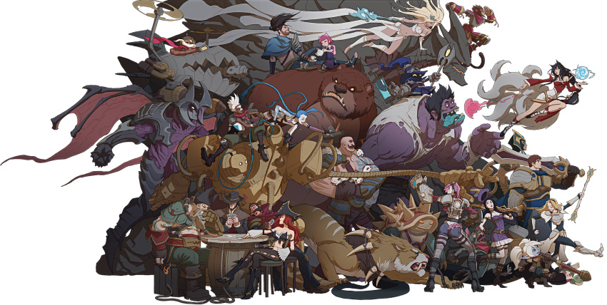 6+boys 6+girls aatrox ahri_(league_of_legends) aircraft animal_ears annie_(league_of_legends) armor ass bald barrel bear beard black_hair blitzcrank blonde_hair blue_hair braid braum_(league_of_legends) breasts brown_hair caitlyn_(league_of_legends) card cassiopeia_(league_of_legends) chair character_request child cigar colored_skin commentary corki crate cup dark-skinned_male dark_skin demon_wings dr._mundo ekko_(league_of_legends) english_commentary facial_hair fox_ears fox_tail gangplank_(league_of_legends) garen_(league_of_legends) gauntlets graves_(league_of_legends) gun hammer hat unworn_hat unworn_headwear heart highres holding holding_card holding_gun holding_hammer holding_staff holding_sword holding_wand holding_weapon janna_(league_of_legends) jason_chan jinx_(league_of_legends) kyuubi lamia large_breasts league_of_legends long_hair lux_(league_of_legends) machine_gun malphite mechanical_arms medium_breasts medium_hair miss_fortune_(league_of_legends) monkey_tail monster monster_girl multiple_boys multiple_girls multiple_tails muscular muscular_male mustache navel official_art orb pink_hair pirate_hat playing_card playing_games pointy_ears ponytail poppy_(league_of_legends) poro_(league_of_legends) propeller purple_skin rammus rifle robot rope sabretooth_tiger sharp_teeth short_hair shoulder_armor shoulder_tattoo sitting spiked_shell staff sword syringe table tail tattoo teacup teapot teeth tibbers tongue tongue_out torn_clothes twin_braids twisted_fate veigar veins very_long_hair vi_(league_of_legends) wand weapon white_hair wings wukong_(league_of_legends) yasuo_(league_of_legends) yellow_eyes yordle