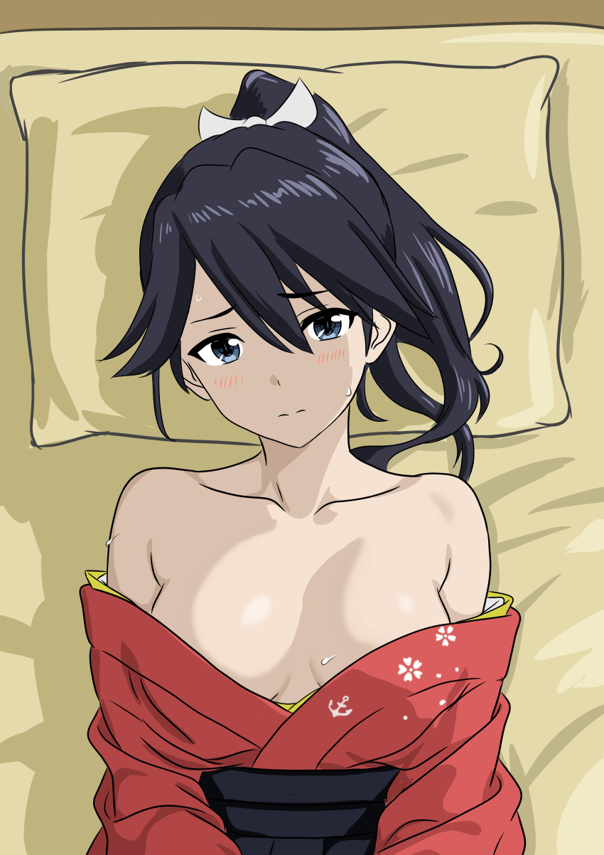 1girl absurdres anchor_symbol barefoot bed black_hair black_kimono blue_eyes bone_namu(namu49850) breasts collarbone commentary_request floral_print highres houshou_(kancolle) japanese_clothes kantai_collection kimono kimono_partially_removed long_hair medium_breasts off_shoulder pillow ponytail red_kimono solo upper_body
