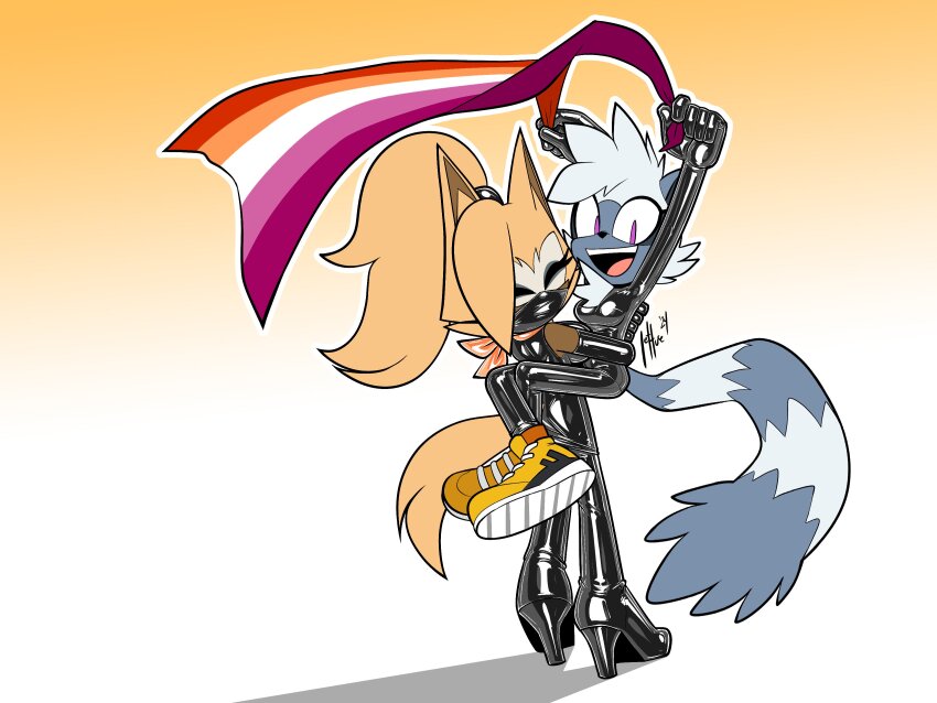 2girls absurdres bodysuit boots gloves high_heels highres holding_person latex latex_bodysuit latex_boots latex_gloves lesbian_flag multiple_girls qqlettuce sega shoes sneakers sonic_(series) sonic_the_hedgehog_(idw) tangle_the_lemur whisper_the_wolf yuri