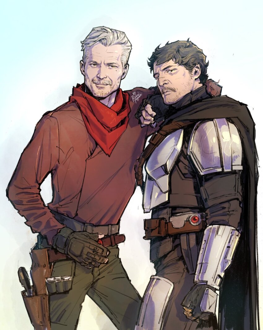 2boys armor bandana bandana_around_neck beard_stubble black_cape brown_gloves brown_hair brown_shirt cape cobb_vanth din_djarin facial_hair fingerless_gloves gloves green_pants highres holster looking_at_viewer multiple_boys pants red_bandana rickie_yagawa shirt short_hair star_wars stubble the_mandalorian thigh_holster white_hair
