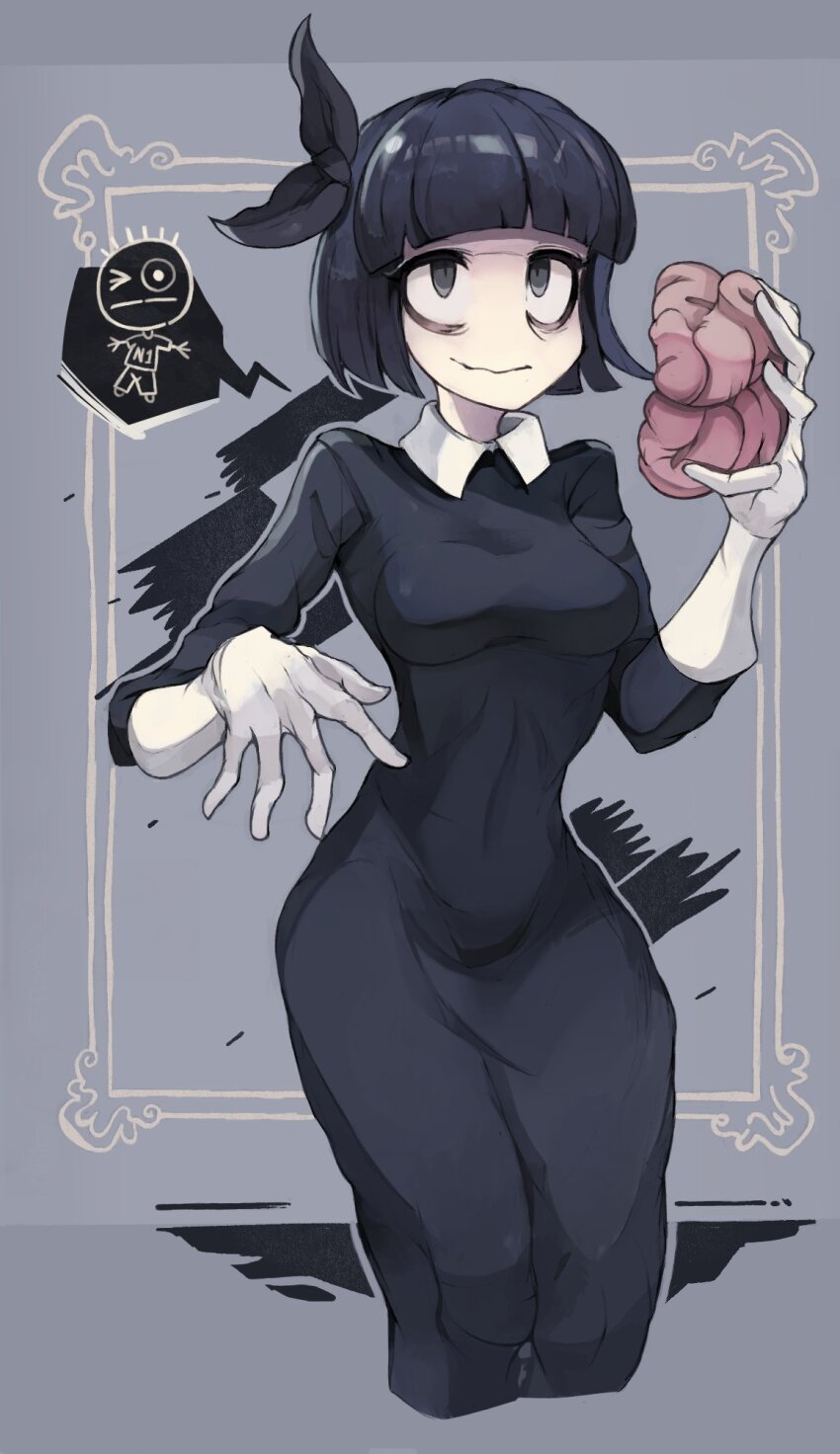 1girl ando606mph black_eyes black_hair brain breasts creepy_susie eyebags gloves grey_background highres medium_breasts short_hair speech_bubble the_oblongs