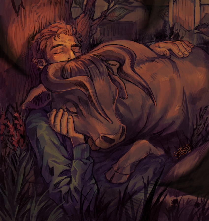 1boy absurdres against_tree animal animal_on_chest artemy_burakh beard_stubble blonde_hair bull closed_eyes commentary english_commentary facial_hair green_jacket hair_slicked_back highres jacket lying male_focus mature_male mustache_stubble on_back outdoors pathologic pathologic_2 short_hair sleeping solo stubble tree upper_body whollysensei wonder_bull