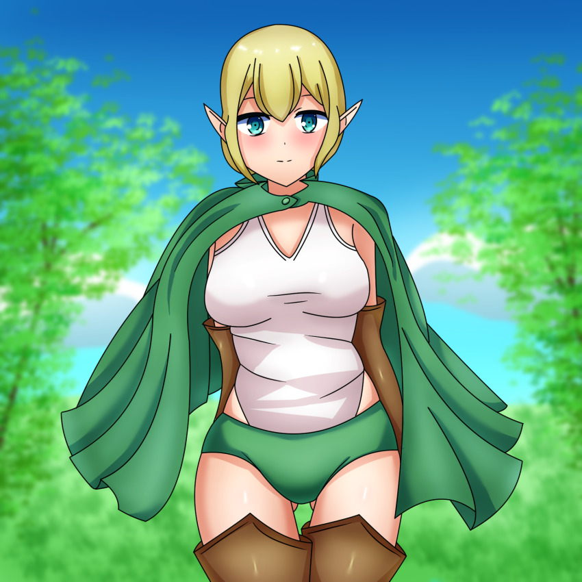 1girl astelord blush breasts buruma dungeon_ni_deai_wo_motomeru_no_wa_machigatteiru_darou_ka elf highres hunter medium_breasts nature pointy_ears ryu_lion solo thighhighs