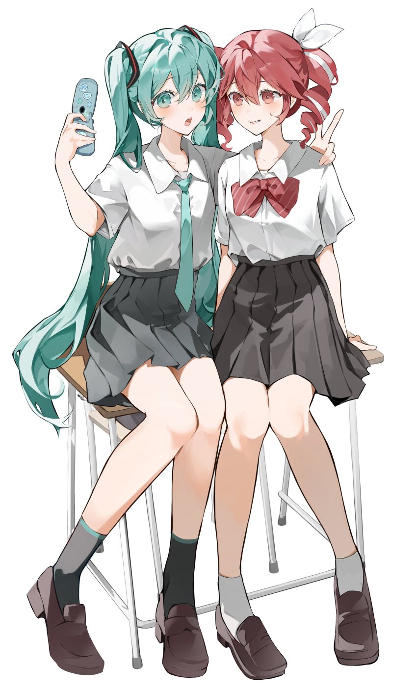 2girls absurdres alternate_costume black_skirt black_socks blue_eyes blue_hair blue_necktie blush bow bowtie breasts brown_footwear buttons cellphone collared_shirt desk double-breasted drill_hair full_body grin hair_between_eyes hair_bow hair_ribbon hand_rest hand_up hatsune_miku highres holding holding_phone kasane_teto kasane_teto_(sv) multiple_girls myanya necktie no_ahoge on_desk phone pinstripe_bowtie pinstripe_pattern pleated_skirt red_eyes red_hair ribbon school_desk school_uniform shirt shoes short_sleeves simple_background sitting skirt skirt_set small_breasts smartphone smile socks sweatdrop twin_drills twintails utau v vocaloid white_background white_bow white_ribbon white_socks wing_collar