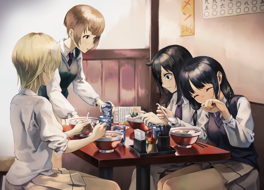bags_under_eyes black_hair blonde_hair brown_hair collared_shirt food highres kuroki_tomoko long_hair long_sleeves low_twintails meal mori_yashiro_(konkon_oyashiro) multiple_girls necktie noodles ramen restaurant school_uniform shirt short_hair skirt sweatdrop sweater_vest tamura_yuri tanaka_mako twintails watashi_ga_motenai_no_wa_dou_kangaetemo_omaera_ga_warui! yoshida_masaki