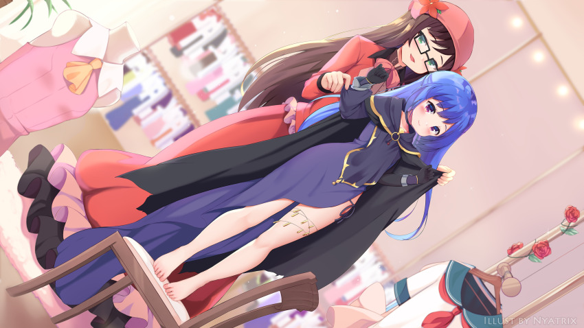 2girls ascot barefoot black-framed_eyewear black_cape black_gloves blue_dress blue_hair blue_sailor_collar blush brown_hair cape chair closed_mouth collarbone commission cosplay dragon_quest dragon_quest_viii dress dutch_angle fate/kaleid_liner_prisma_illya fate_(series) flower glasses gloves green_eyes hands_up hat highres long_hair long_sleeves medea_(caster)_(fate) medea_(cosplay) medea_(dq8) medea_(fate) medea_(fate)_(cosplay) multiple_girls neckerchief nyatrix on_chair original parted_lips pink_shirt red_dress red_eyes red_flower red_headwear red_neckwear red_rose rose sailor_collar shirt sleeveless sleeveless_shirt smile standing unworn_shirt very_long_hair white_shirt yellow_neckwear