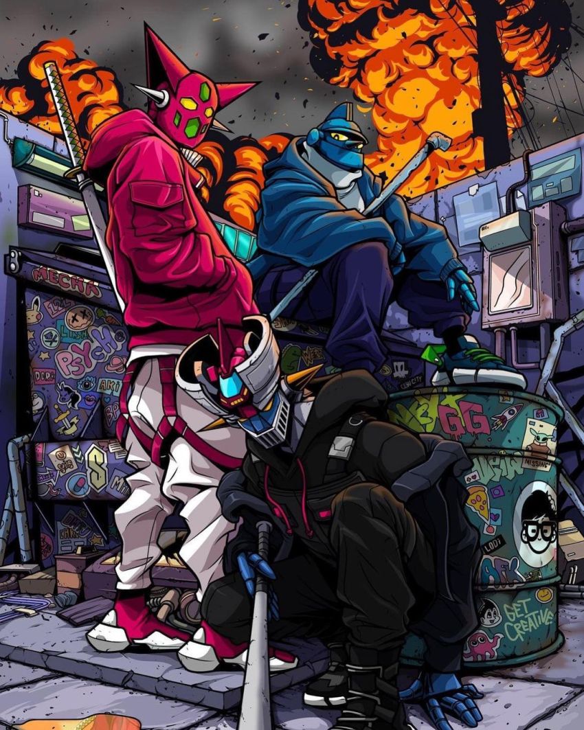 baseball_bat black_hoodie blue_hoodie clothed_robot cool_s crossover delinquent drum_(container) explosion fashion getter-1 getter_robo getter_robo_(classic) hands_in_pockets highres holding holding_baseball_bat hood hoodie katana kensuke_creations looking_down making-of_available mazinger_(series) mazinger_z mazinger_z_(mecha) mecha multiple_crossover no_humans red_hoodie robot squatting star_wars streetwear super_robot sword tetsujin_28 tetsujin_28-gou tetsujin_28-gou_(classic) the_mandalorian turtleneck weapon yellow_eyes