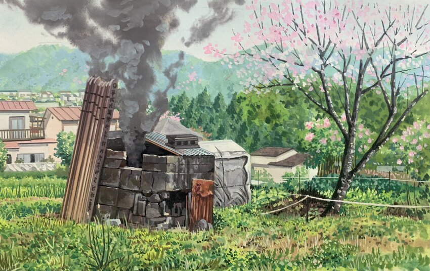 brick_wall cherry_blossoms cinder_block day doremifa84 farm fence_post forest grass highres mountain mountainous_horizon nature no_humans original pine_tree rope_fence rural scenery shack smoke smoke_trail town tree