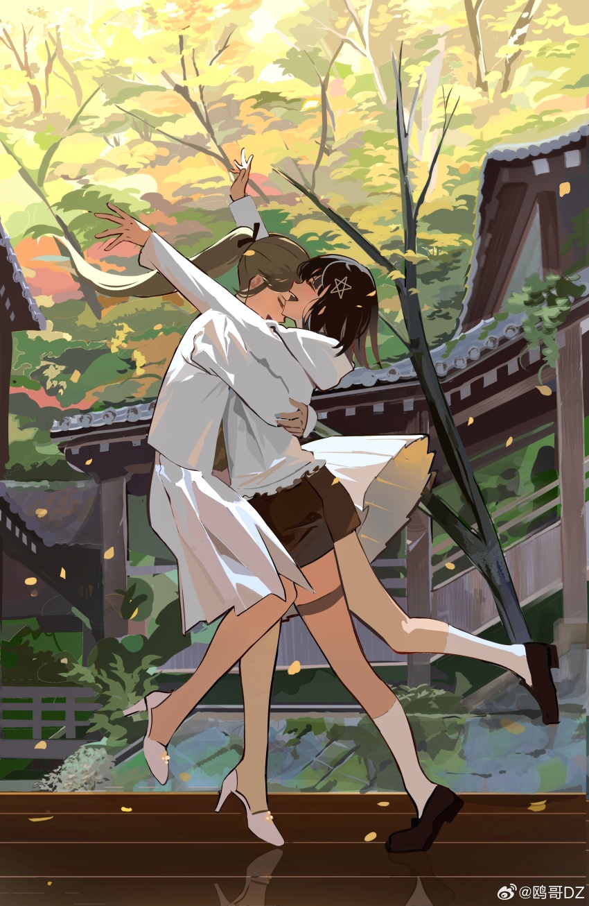2girls ^_^ absurdres architecture black_footwear black_ribbon blonde_hair blunt_ends brown_garter brown_hair brown_shirt brown_shorts cardigan check_copyright chinese_commentary closed_eyes commentary_request copyright_request day east_asian_architecture falling_leaves frilled_jacket frilled_thigh_strap frills from_side full_body hair_ornament hair_ribbon happy hexagram high_heels highres hood hood_down hooded_jacket hug jacket kneehighs leaf loafers long_sleeves medium_hair medium_skirt multiple_girls open_mouth original ouge_dz outdoors pleated_skirt ponytail reflective_floor ribbon shirt shoes shorts shrine skirt smile socks standing star_(symbol) star_hair_ornament star_of_david straight_hair teeth thigh_strap tree upper_teeth_only watermark weibo_watermark white_cardigan white_footwear white_jacket white_skirt white_sleeves white_socks wooden_floor yuri