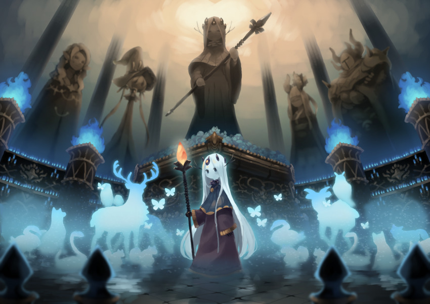 1girl absurdres bird black_eyes blue_fire blue_flower blue_hair blue_rose blush cat deer dress fire flower fox glowing highres holding holding_staff long_dress long_hair long_sleeves looking_at_viewer no_mouth okame_nin original purple_dress robe rose silhouette solo squirrel staff standing statue swan very_long_hair white_hair