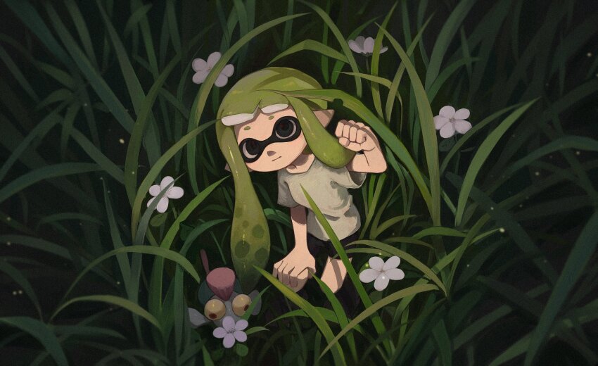 1girl black_eyes black_shorts blunt_bangs clenched_hand closed_mouth commentary_request creature domino_mask empty_eyes expressionless flower grass green_hair grey_shirt hand_on_own_knee hand_up highres inkling inkling_girl inkling_player_character leaning_forward liang_cun_rakuna looking_at_viewer mask nintendo pointy_ears shirt short_eyebrows short_hair_with_long_locks short_shorts short_sleeves shorts smallfry_(splatoon) solo splatoon_(series) standing t-shirt tall_grass tentacle_hair white_flower