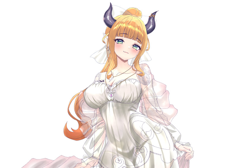 1girl 666girimekara absurdres blonde_hair blue_eyes blush breasts cleavage closed_mouth demon_girl demon_horns dress high_ponytail highres hololive horns large_breasts long_hair looking_at_viewer official_alternate_costume official_alternate_hairstyle pointy_ears ponytail sidelocks smile solo veil virtual_youtuber white_dress yuzuki_choco yuzuki_choco_(sleepwear)
