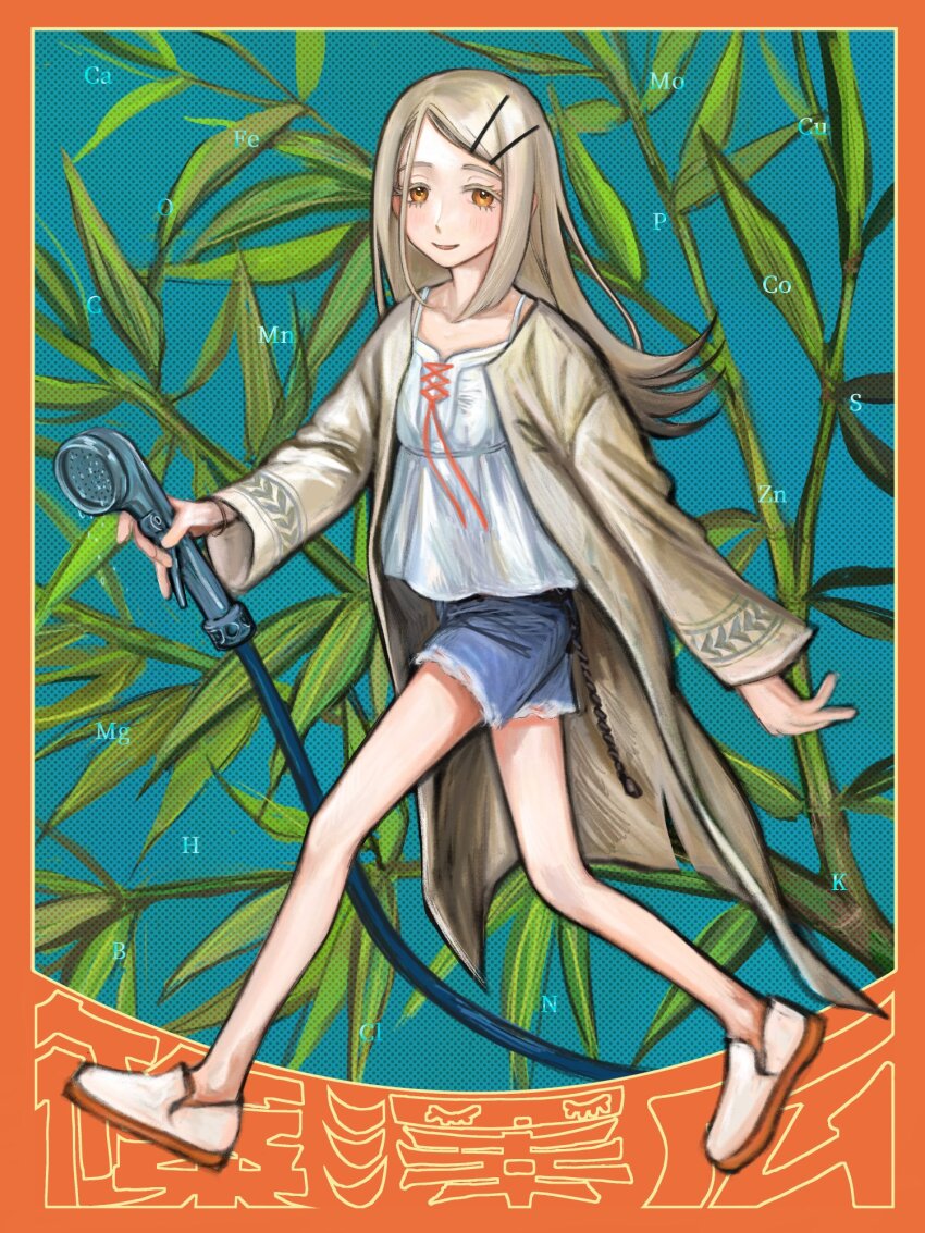 1girl annotation_request blonde_hair blue_background blue_shorts blush border branch brown_coat camisole character_name coat collarbone cross-laced_clothes cross-laced_top cutoffs denim denim_shorts empire_waist flipped_hair full_body gakuen_idolmaster hair_ornament hairclip half-closed_eyes highres holding holding_hose hose hose_nozzle idolmaster leaf leaf_background long_hair long_sleeves looking_at_viewer open_clothes open_coat open_mouth orange_border orange_eyes shinosawa_hiro shoes short_shorts shorts smile solo swept_bangs tareme translation_request walking white_camisole white_shoes yamaichi_(yama3ichi4)