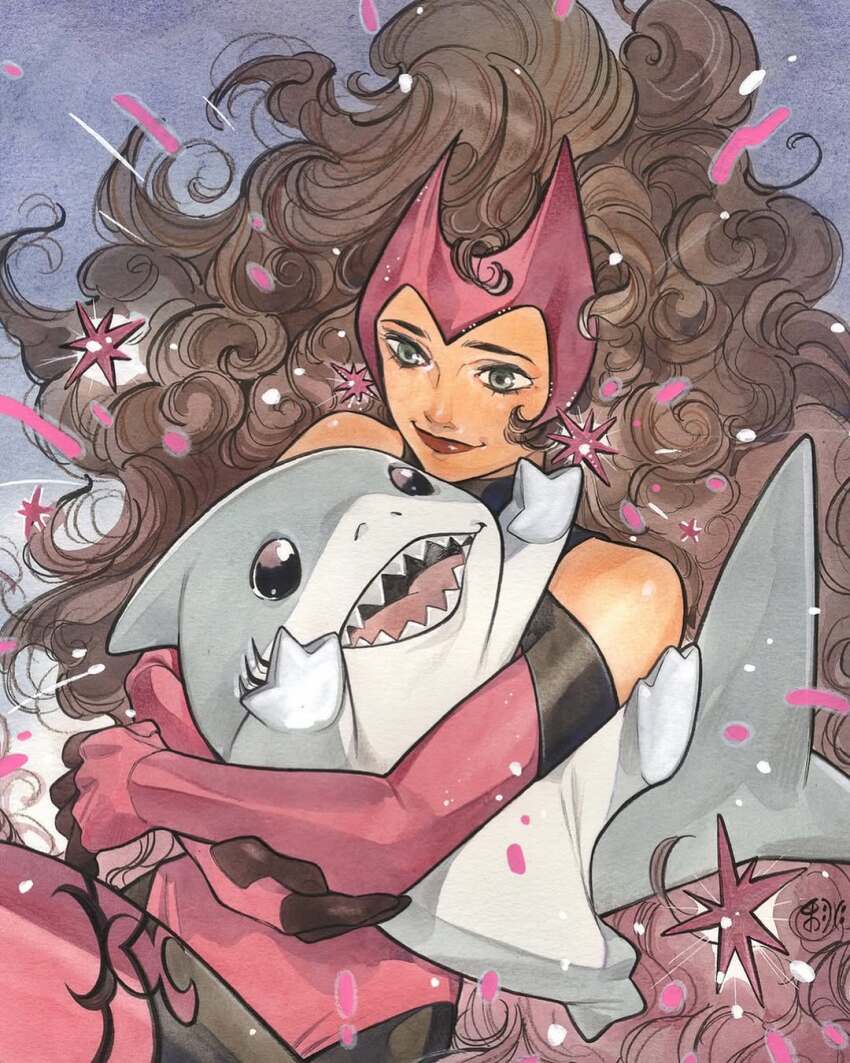 1girl brown_hair commentary commentary_request english_commentary green_eyes highres jeff_(marvel) jewelry long_hair looking_at_viewer magic marvel peach_momoko red_lips scarlet_witch shark sharp_teeth smile teeth very_long_hair wanda_maximoff wavy_hair