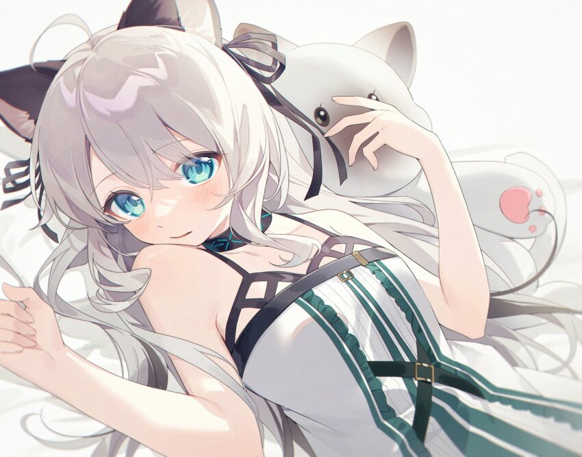 1girl animal_ears aqua_eyes arknights bare_shoulders black_ribbon blush dress fingernails frills grey_dress grey_hair hair_between_eyes hair_ribbon hashtag-only_commentary highres infection_monitor_(arknights) long_hair looking_at_viewer mint_(arknights) ribbon solo spaghetti_strap upper_body yunweishukuang