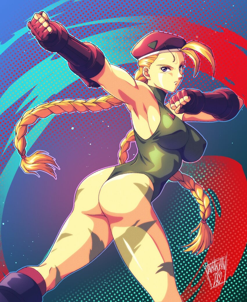 1girl ass back beret blonde_hair blue_eyes boots braid breasts cammy_white danmakuman fighting_stance fingerless_gloves gloves green_background green_leotard hat highleg highleg_leotard highres large_breasts leotard long_hair looking_at_viewer looking_back scar scar_on_face solo street_fighter street_fighter_ii_(series) thighs twin_braids