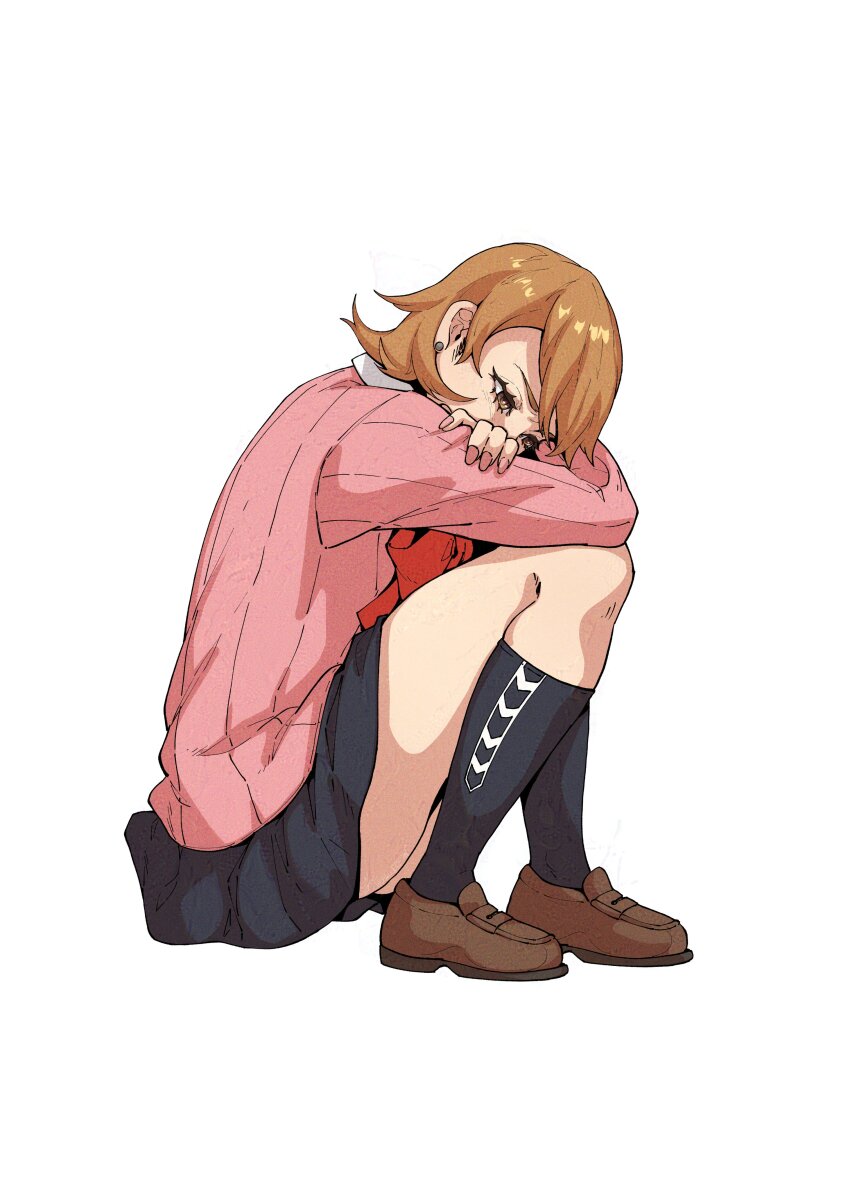 1girl absurdres black_skirt black_socks bow bowtie brown_eyes brown_footwear brown_hair cardigan chuckuddin commentary crossed_arms earrings english_commentary eyelashes flipped_hair from_side full_body gekkoukan_high_school_uniform highres jewelry kneehighs knees_up long_sleeves looking_down miniskirt persona persona_3 pink_cardigan pink_nails pleated_skirt red_bow red_bowtie ribbed_cardigan sad school_uniform short_hair sitting skirt socks solo stud_earrings takeba_yukari thighs white_background