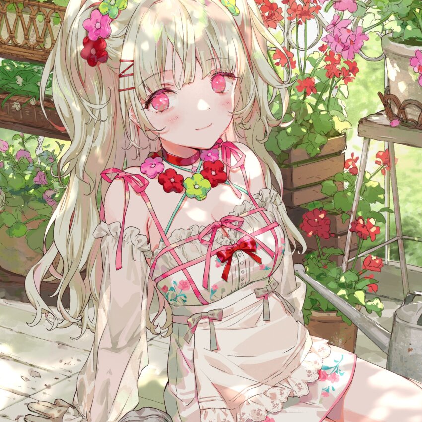 1girl bare_shoulders blush breasts cleavage closed_mouth commentary_request detached_sleeves dress flower hair_flower hair_ornament highres long_hair looking_at_viewer medium_breasts original outdoors pink_flower pink_ribbon purple_eyes red_flower ribbon sitting smile solo white_dress white_hair yutsumoe
