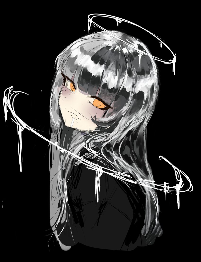 1girl black_background black_hair commentary grey_hair halo highres hololive hololive_english kozimo123456 looking_at_viewer multicolored_hair shiori_novella solo split-color_hair two-tone_hair virtual_youtuber white_halo yellow_eyes