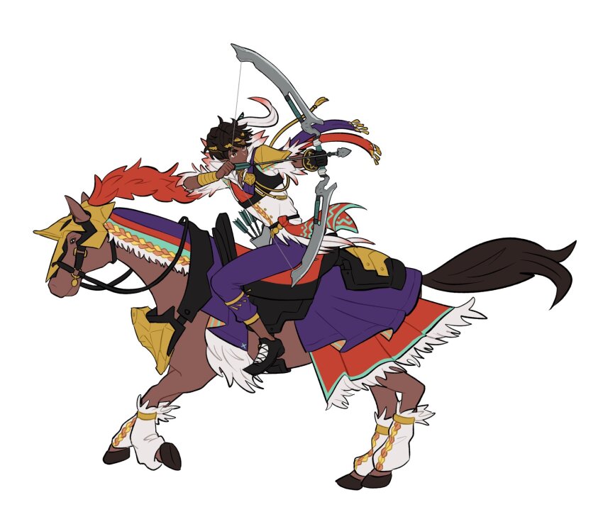1boy aiming circlet dark-skinned_male dark_skin feather_collar feather_trim fire_emblem fire_emblem_engage fogado_(fire_emblem) gold_circlet gold_necklace hahm0106 highres horseback_archery horseback_riding jewelry necklace nintendo riding star-shaped_pupils star_(symbol) symbol-shaped_pupils