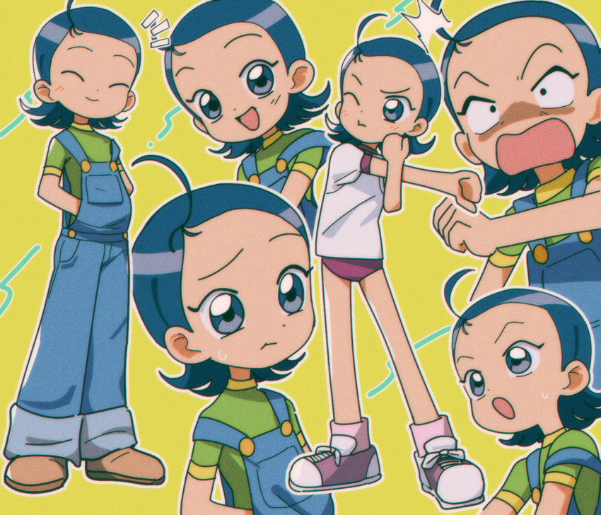 1girl :d :o :t ;t ^_^ ahoge blue_eyes blue_hair blue_overalls buruma child closed_eyes closed_mouth green_shirt gym_shirt gym_uniform highres nzeneee ojamajo_doremi open_mouth outline overalls red_buruma senoo_aiko shirt short_hair short_sleeves smile solo sweatdrop t-shirt wavy_mouth white_outline white_shirt yellow_background