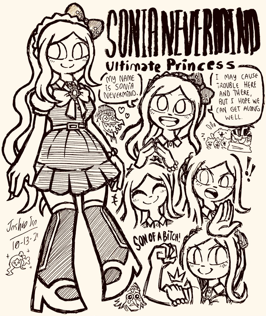 ! !! +_+ :d absurdres beanie blush bow bracelet cham-p character_name closed_eyes closed_mouth danganronpa_(series) danganronpa_2:_goodbye_despair dated doodle_inset dress english_text eyelashes full_body greyscale hair_bow hamster hand_on_own_arm hat hatching_(texture) heart high_heels highres jewelry josh-s26 jum-p long_hair maga-g monochrome multiple_views open_mouth pointy_nose profanity scarf scarf_over_mouth sharp_teeth signature simple_background smile soda_kazuichi sonia_nevermind speech_bubble sun-d tanaka_gundham tearing_up teeth upper_teeth_only v-shaped_eyebrows white_background zzz