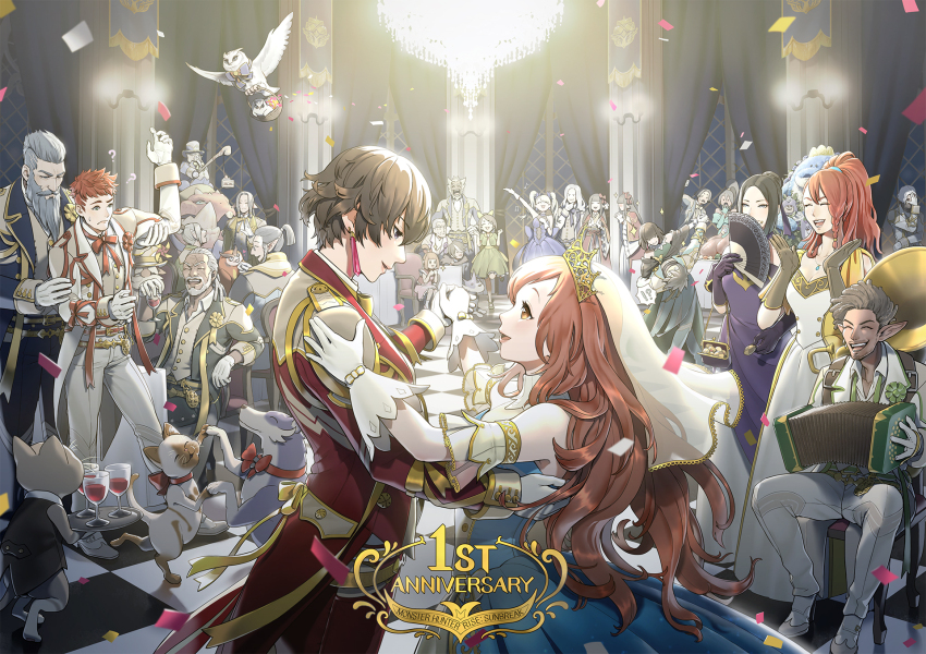 6+boys 6+girls accordion admiral_galleus_(monster_hunter) anniversary ballroom canyne character_request confetti dame_luchika dress everyone felyne fiorayne_(monster_hunter) formal_clothes fugen_(monster_hunter_rise) gloves hand_fan highres hinoa instrument master_utsushi minayle_(monster_hunter) minoto monster_hunter_(series) monster_hunter_rise multiple_boys multiple_girls oboro_(monster_hunter) official_art rondine suit