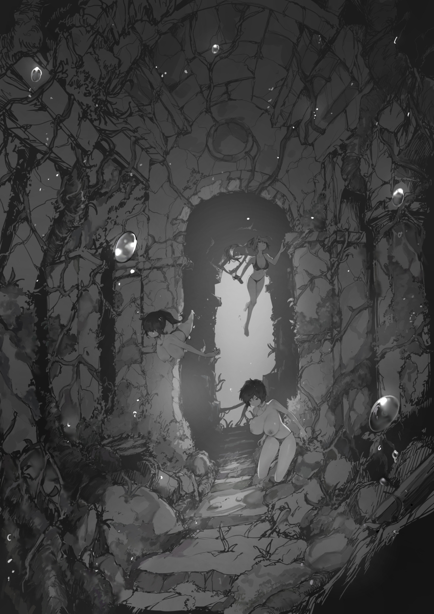 3girls absurdres air_bubble bikini bikini_bottom_only breasts bubble freediving greyscale highres jewelry large_breasts long_hair monochrome multiple_girls necklace original plant ponytail rou_(rou22) ruins seaweed short_hair swimsuit underwater vines