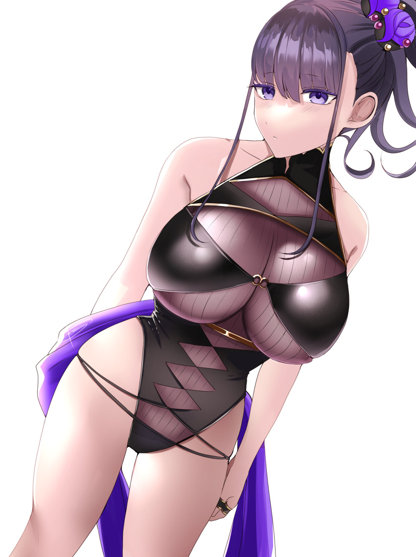 1girl absurdres armlet bare_shoulders black_one-piece_swimsuit blush breasts collarbone fate/grand_order fate_(series) flower gold_trim hair_flower hair_ornament hair_up highleg highleg_one-piece_swimsuit highres jewelry kankitsu_kei large_breasts long_hair looking_at_viewer murasaki_shikibu_(fate) murasaki_shikibu_(swimsuit_rider)_(fate) murasaki_shikibu_(swimsuit_rider)_(first_ascension)_(fate) one-piece_swimsuit ponytail purple_eyes purple_hair solo swimsuit thighs