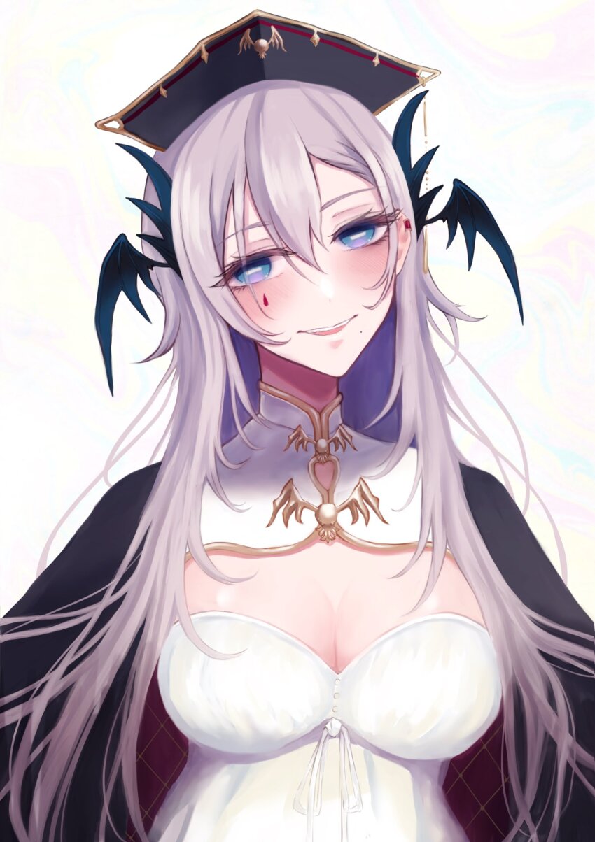 1girl black_headwear black_jacket blue_eyes breasts bright_pupils cleavage cleavage_cutout clothing_cutout dress grey_hair hair_between_eyes haru_(fygzg63) hat head_wings highres horizontal_pupils indie_virtual_youtuber jacket large_breasts long_hair mole mole_under_mouth parted_lips pochimaru_(vtuber) pochimaru_(vtuber)_(4th_costume) teardrop_facial_mark upper_body virtual_youtuber white_dress white_pupils wings