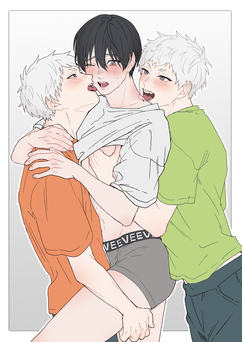 3boys absurdres bite_mark bite_mark_on_neck blood blood_on_teeth blush border boxers clothes_lift commentary_request dual_persona ear_blush from_side green_shirt grey_male_underwear group_sex hand_on_another&#039;s_chest hand_on_another&#039;s_leg highres hikaru_ga_shinda_natsu indou_hikaru indou_hikaru_(human) lifting_another&#039;s_clothes male_focus male_underwear mmm_threesome mole mole_on_cheek mole_under_eye mole_under_mouth multiple_boys multiple_moles navel neck_blush no_pants nose_blush one_eye_closed open_mouth orange_shirt outline outside_border shirt shirt_lift short_eyebrows short_hair sono_nu teeth thighs threesome tongue tongue_out tsujinaka_yoshiki underwear undressing_another white_border white_hair white_outline yaoi