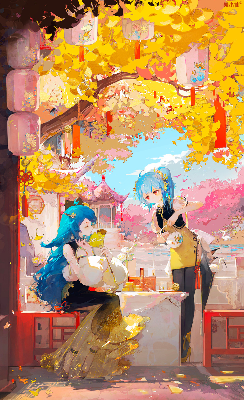 2girls ahoge architecture back_bow bare_arms bare_shoulders bili_girl_22 bili_girl_33 bilibili bird black_dress black_footwear black_jacket black_thighhighs black_vest blue_hair blue_ribbon blue_sky bow bud cherry_blossoms china_dress chinese_clothes chinese_commentary cleavage_cutout clothing_cutout cloud commentary_request crane_(animal) day dress east_asian_architecture expressionless eyelashes falling_petals flower flower_tattoo frilled_sleeves frills full_body fur_sleeves gradient_clothes gradient_dress hair_flower hair_ornament hair_ribbon hairclip hand_fan hand_in_own_hair high_heels highres holding holding_fan holding_teapot jacket lantern leaning_forward long_dress long_hair looking_at_another multiple_girls on_bench outdoors paper_lantern parted_lips petals pouring puffy_short_sleeves puffy_sleeves pumps red_eyes red_ribbon ribbon ribbon_legwear river rose scenery see-through_clothes see-through_dress shoes short_dress short_hair short_sleeves shoulder_tattoo side_slit sitting sky sleeveless sleeveless_dress stiletto_heels sunlight table tassel tattoo tea teapot thighhighs twintails very_long_hair vest white_bow white_flower white_rose white_sleeves wu_xiao_xian yellow_dress yellow_flower yellow_shoes