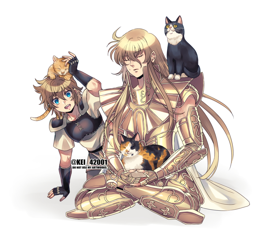 2boys aged_down androgynous animal animal_on_head animal_on_lap animal_on_shoulder arm_up armor bishounen black_gloves blonde_hair blue_eyes breastplate cape cat cat_on_head cat_on_lap cat_on_shoulder closed_eyes dhyana_mudra elbow_gloves fingerless_gloves gauntlets gloves gold_armor gold_cloth gold_saint high_collar highres kei_(nvew8238) leather_armor leo_aiolia long_hair lotus_position male_focus meditation mudra multiple_boys on_head on_lap open_mouth own_hands_together saint_seiya short_hair short_sleeves simple_background sitting smile solo sweatdrop tunic u_u virgo_shaka white_background white_cape